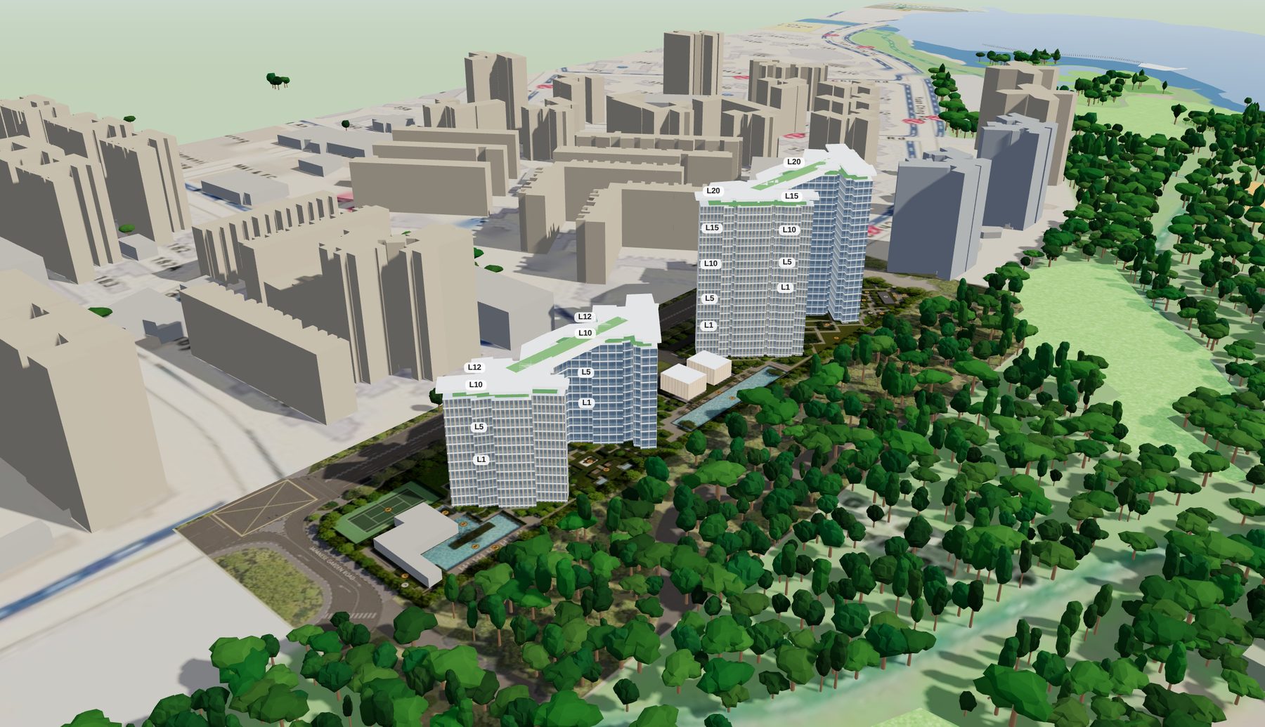 3D model of Sora's four blocks beside Jurong Lake Gardens